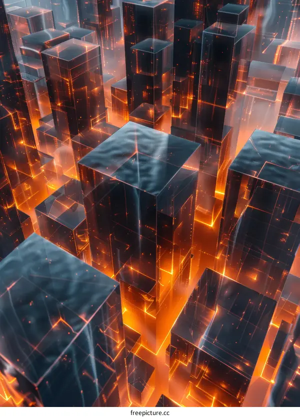Futuristic Cityscape with Glowing Orange and Blue Geometric Shapes