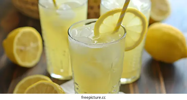 Refreshing Lemon Drink with Ice and Straw