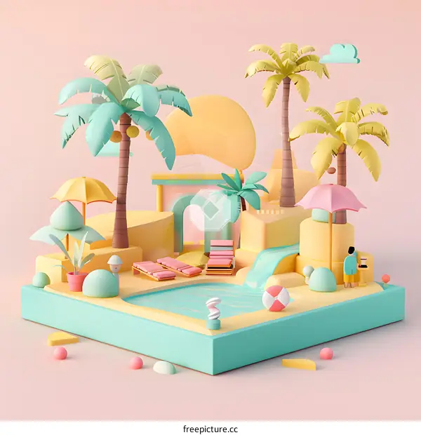 3D Illustration of a Tropical Island with a Pool and Palm Trees