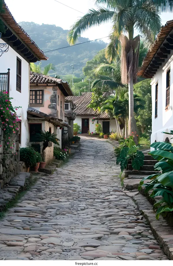 Cobblestone Street in a Small Town with White Houses and Palm Trees
