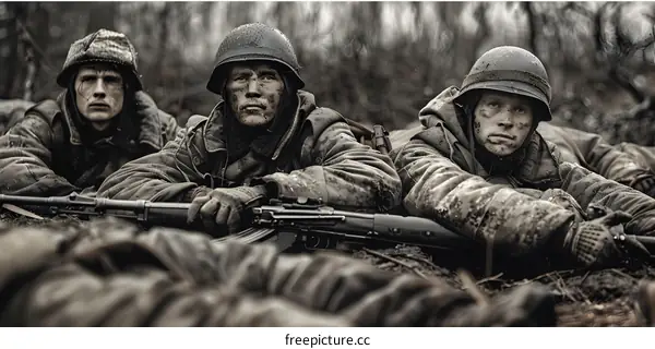Three German Soldiers In A Trench During World War II