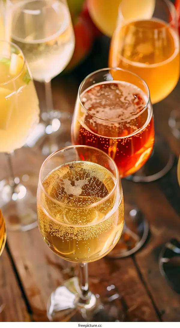 Close Up of Sparkling Cider in Glass on Wooden Table
