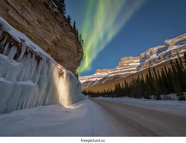 Northern Lights Over Icefall in Canadian Rockies
