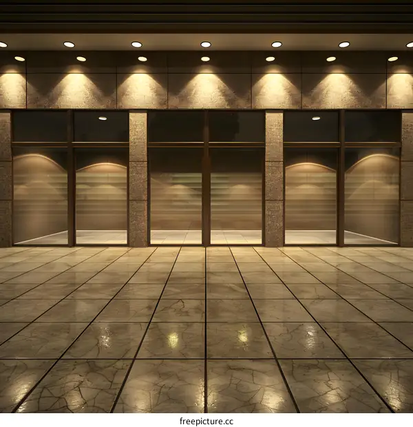 Empty Store Front With Glass Doors and Lights at Night