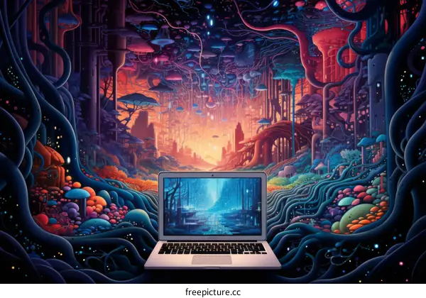 A Laptop in a Forest Awash in Vibrant Colors