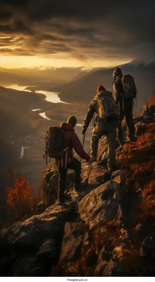 Three hikers on a mountaintop overlooking a valley at sunset