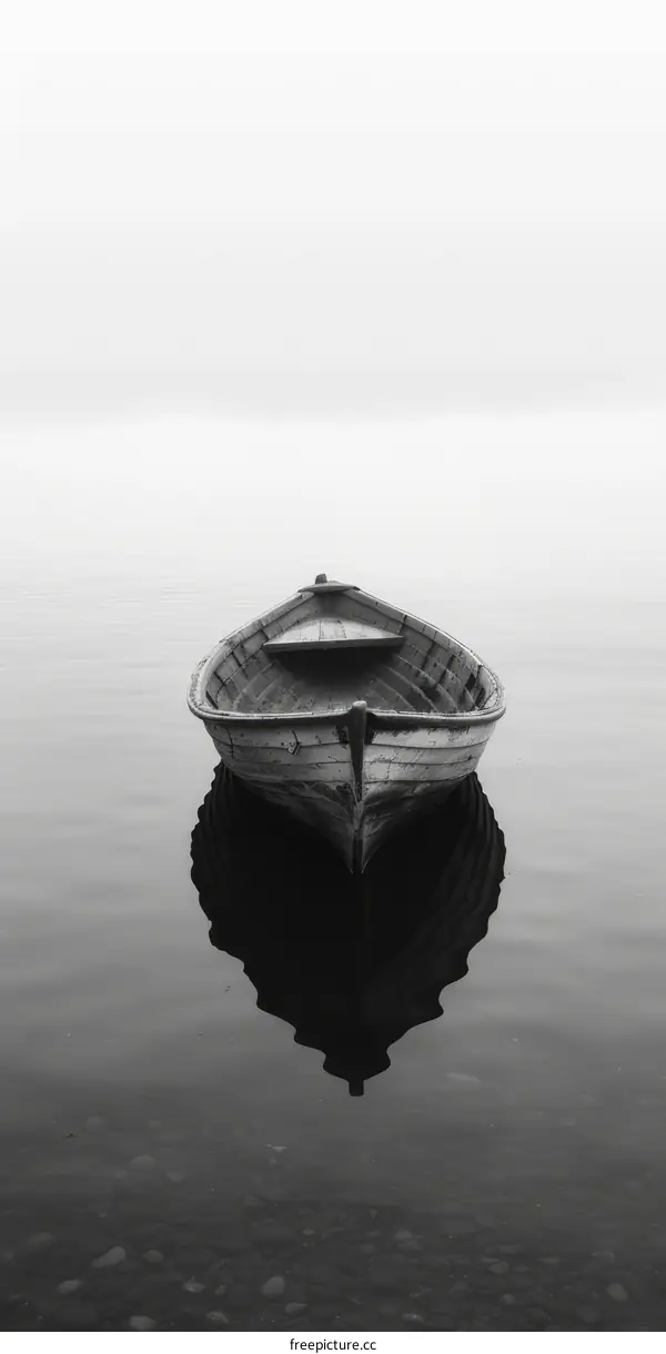 Wooden boat floating on a calm lake with a foggy background