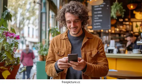 Smiling Man Using Smartphone in a Cafe