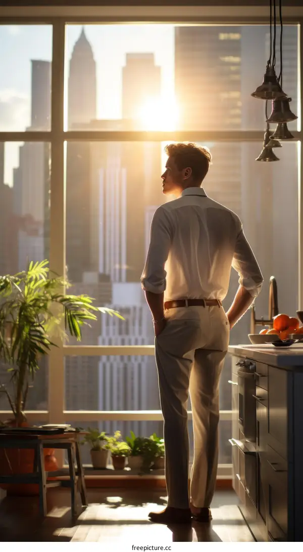 Young Man Gazing at City Skyline Through Window