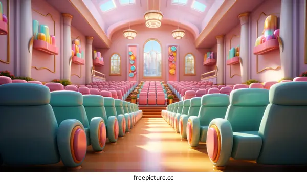 Empty Auditorium with Pink and Blue Pastel Seats