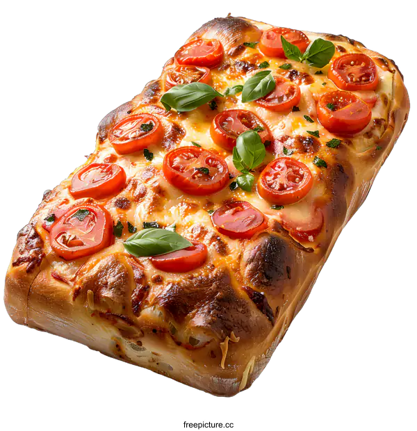 [Transparent Background PNG]Delicious rectangular pizza with tomatoes and basil