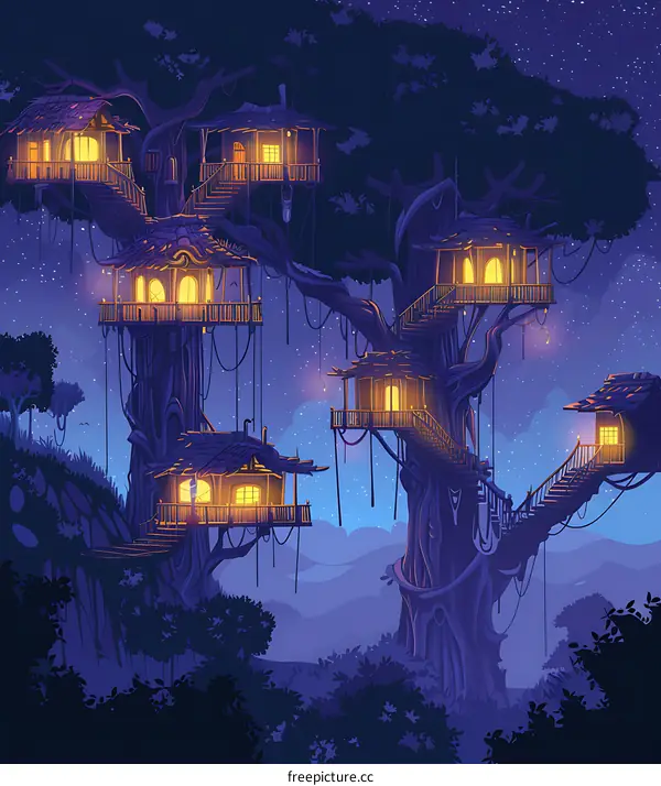 Nighttime Fantasy Treehouse Village Illustration