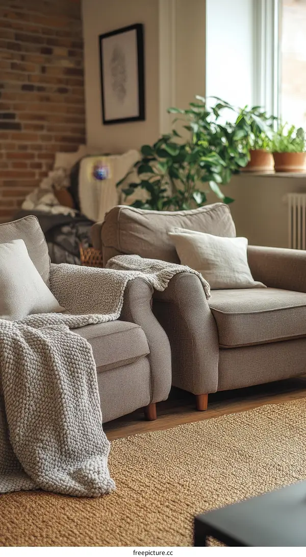 Cozy Living Room with Knitted Throw