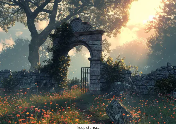 Mystical Stone Archway Overgrown with Vines in a Dense Forest