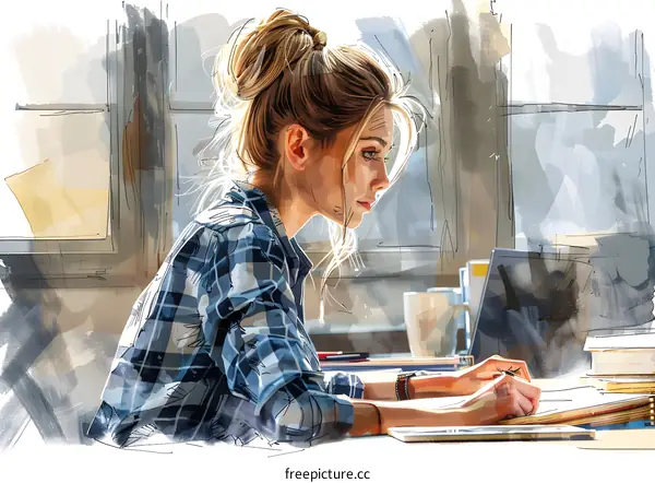 A woman is sitting at a desk writing in a notebook.