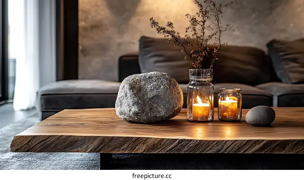 Cozy Living Room Coffee Table with Candles and Stones