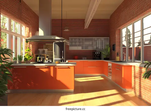 Modern Kitchen Design With Red Brick Wall And Orange Cabinets