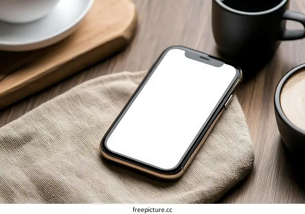 Close up of a Smartphone on a Table with Coffee