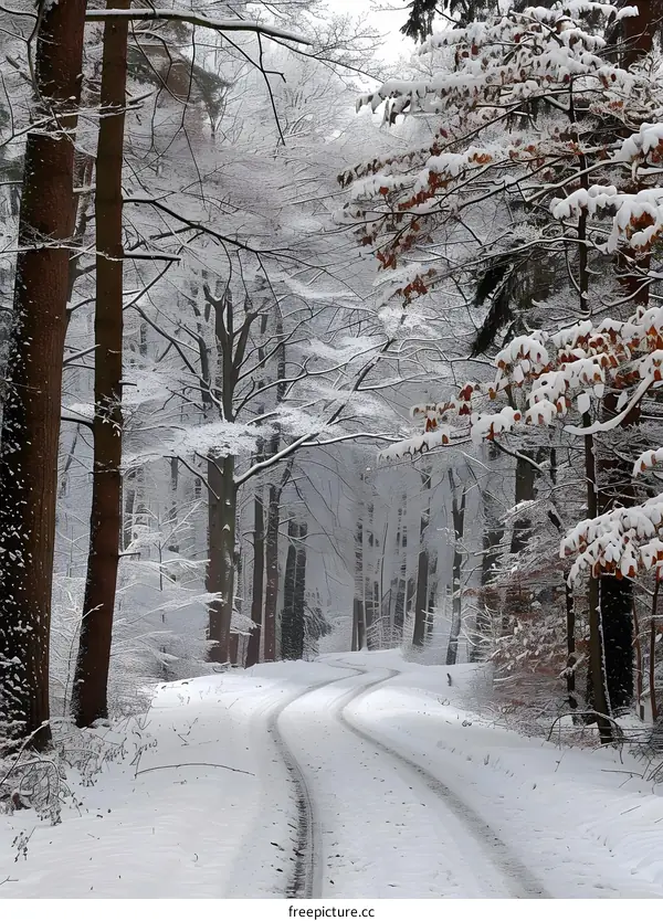 Curving snow-covered road through a wintry forest