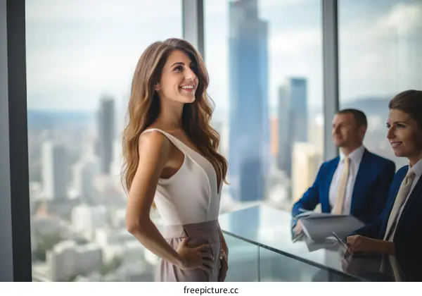 Confident businesswoman with colleagues in modern office space