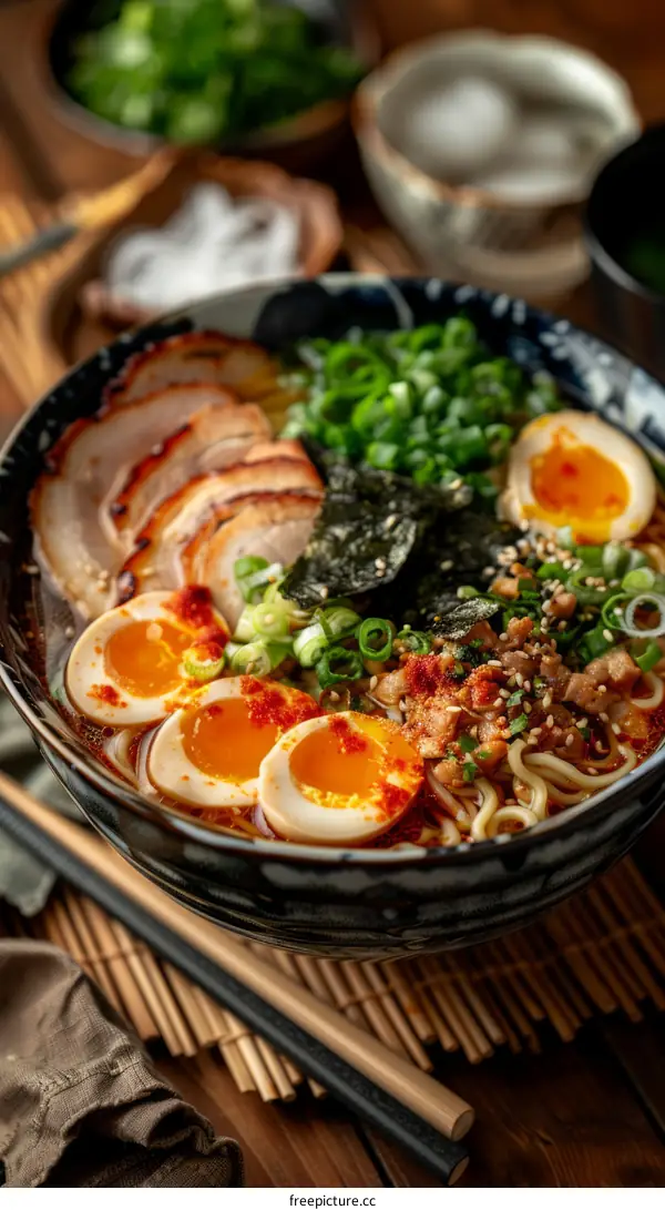A delicious bowl of ramen with pork, eggs, and vegetables