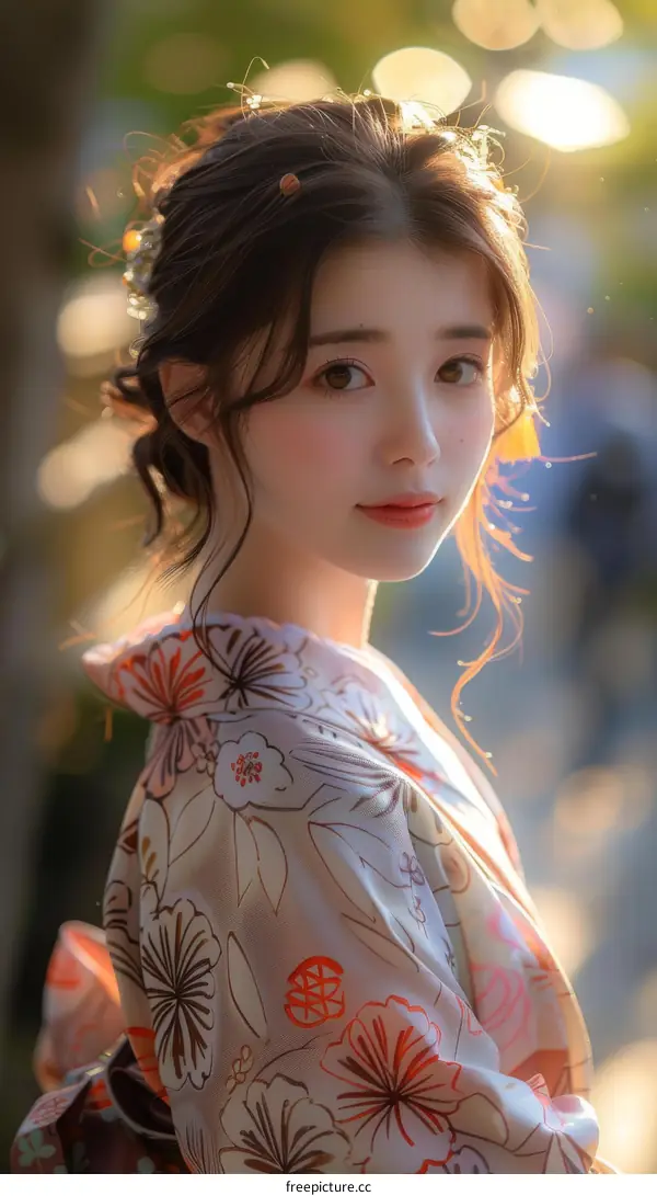Beautiful Asian Woman in Traditional Japanese Kimono with Floral Pattern