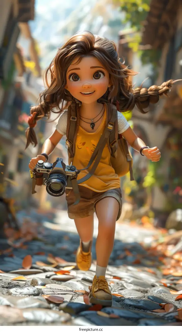 Adventurous Girl Running Through Streets With Camera
