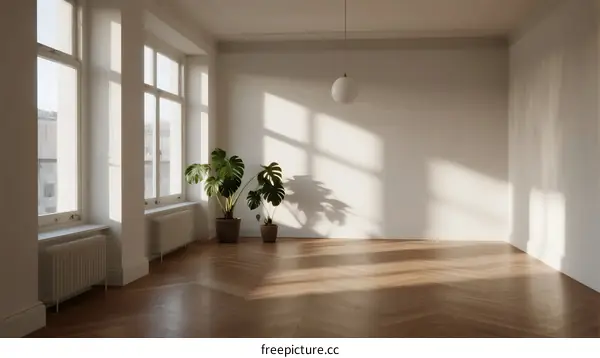 Bright and spacious empty room with large windows and indoor plants