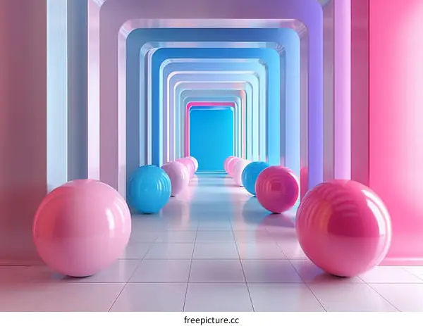 Pastel Pink and Blue 3D Balls in a Hallway