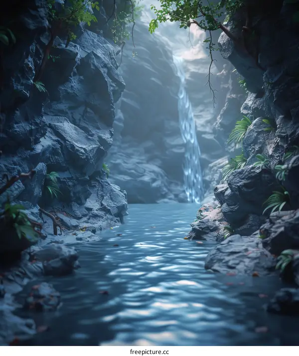 Waterfall in a Rocky Gorge