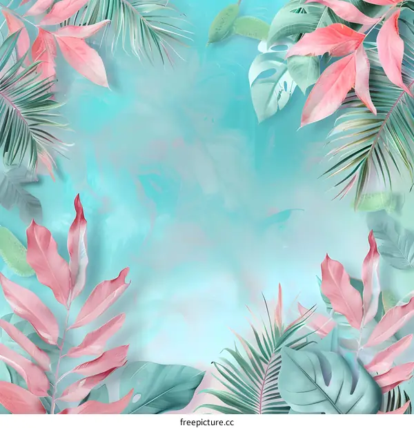 Tropical Leaves Border on Blue Background