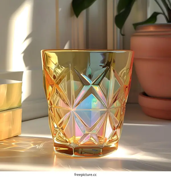 An amber colored cut glass on a table next to a potted plant