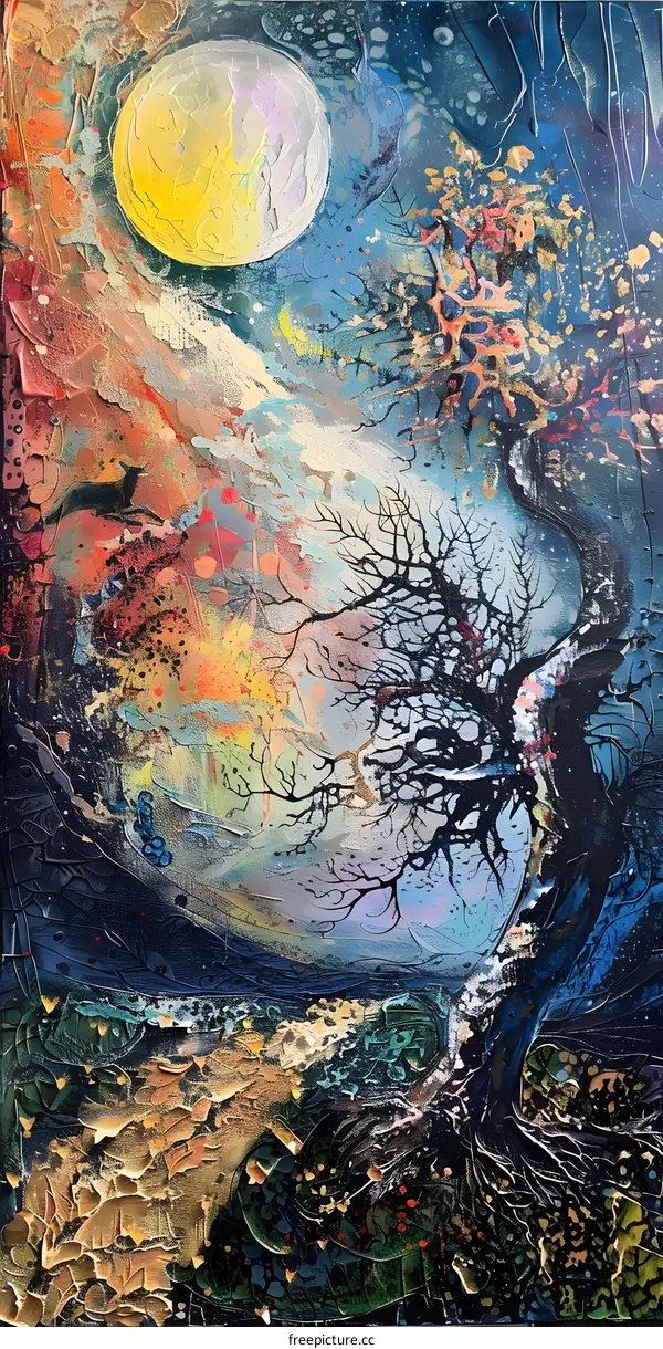 Abstract Painting with a Large Moon and a Tree