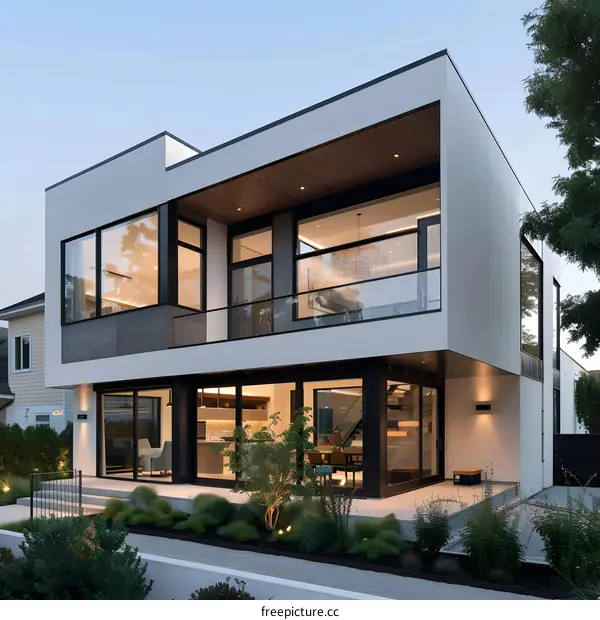 Modern White House with Large Windows and a Small Yard