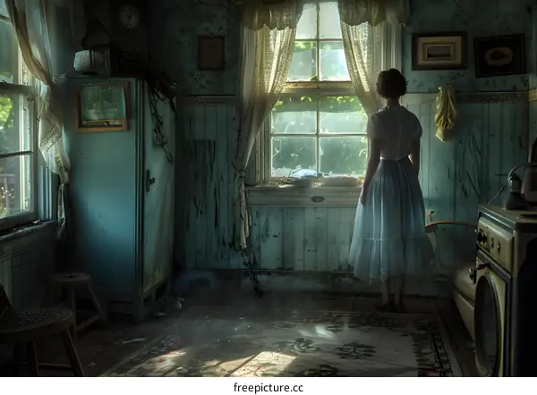 A woman standing in a room with a window