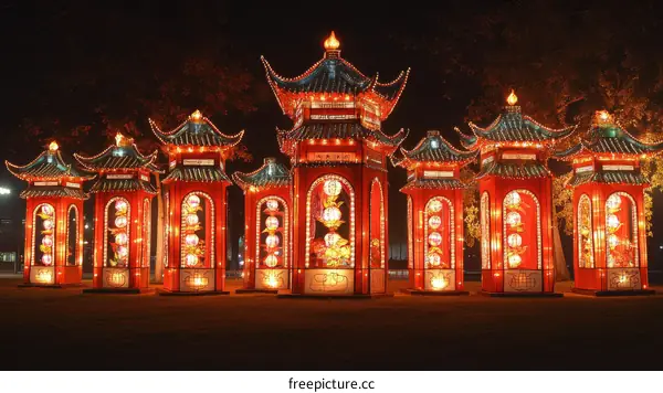 Illuminated Chinese Lantern Festival Structures at Night