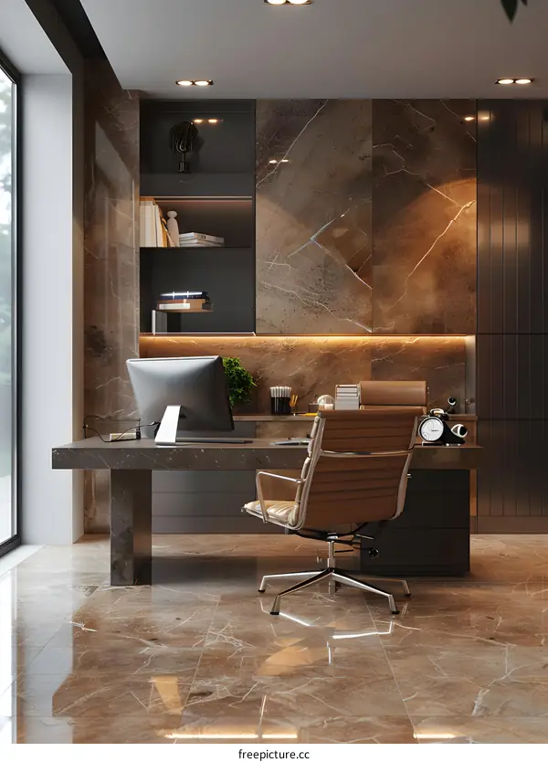 Modern Home Office Interior Design with Marble Wall and Desk