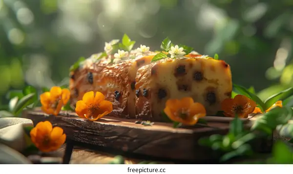 Close-up of delicious homemade bread pudding with raisins and orange zest