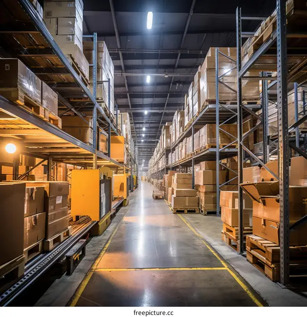 A large warehouse with many shelves full of boxes