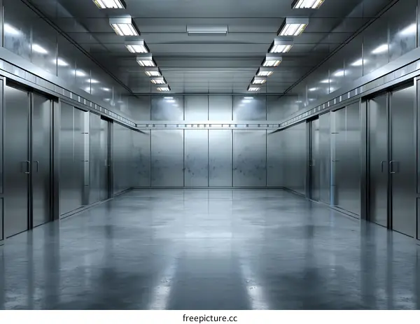 Metal Corridor with Sliding Doors and Fluorescent Lights