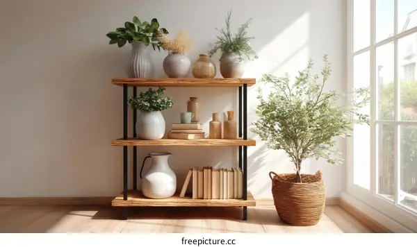 Wooden Bookshelf with Greenery and Vases
