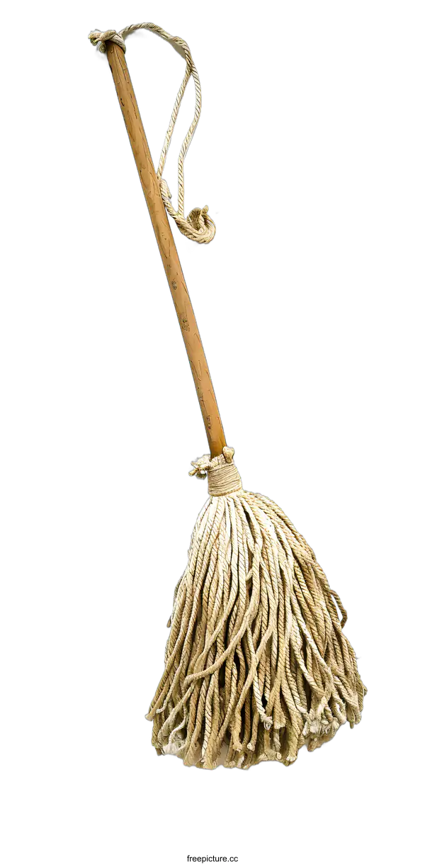 [Transparent Background PNG]Wooden Mop With String Handle On White Background