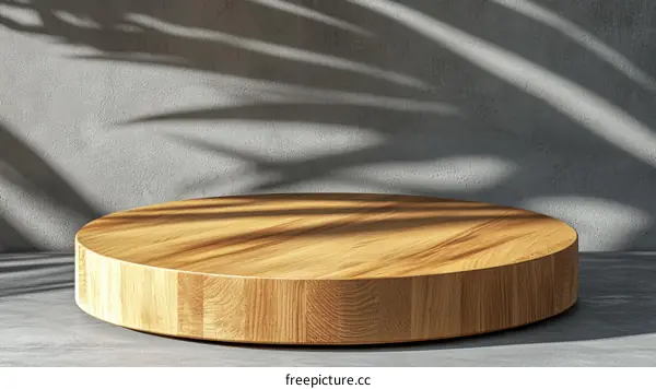 Wooden Round Display Platform Against Gray Concrete Wall