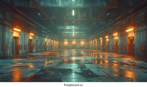 Long wet empty corridor with rusty metal doors