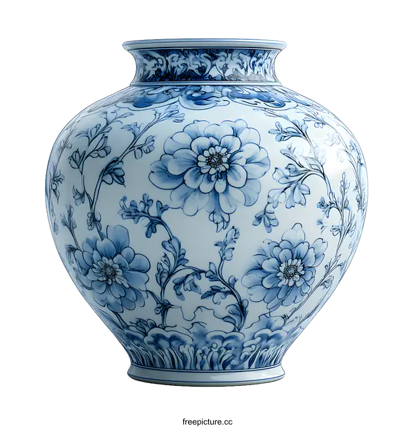 [Transparent Background PNG]Blue and White Porcelain Vase with Floral Design