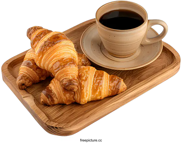 [Transparent Background PNG]Wooden Tray with Coffee and Croissants