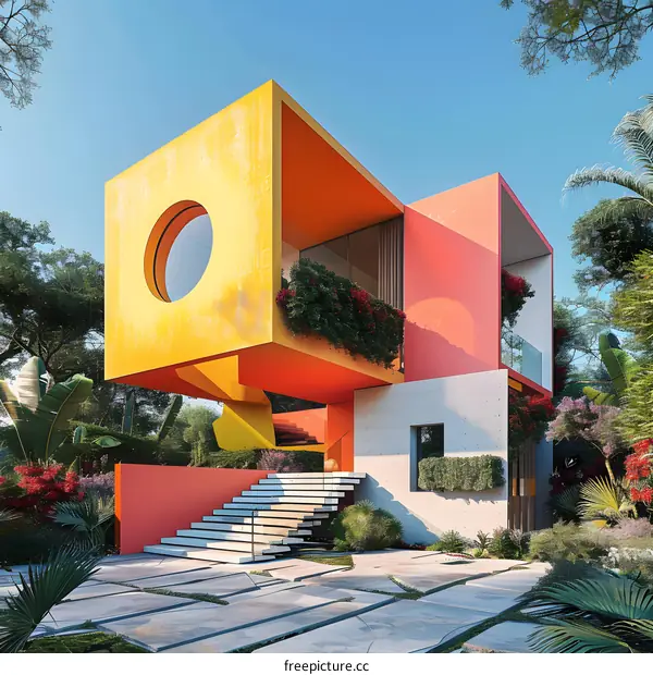 A modern geometric house with bright colors and a tropical garden
