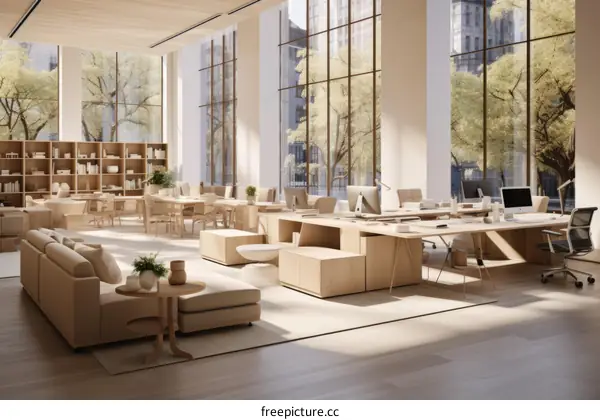 A modern office space with large windows and wooden furniture