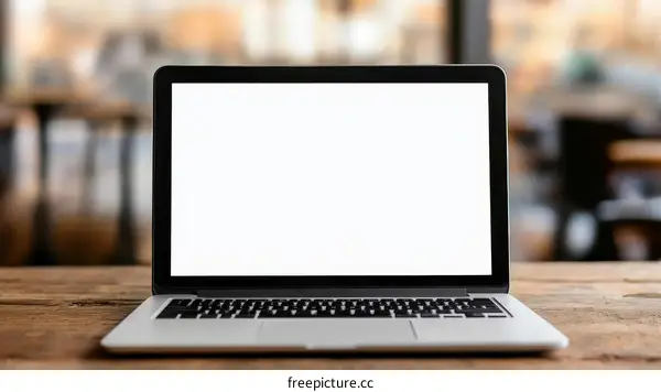 Laptop on Wooden Table in Cafe Setting