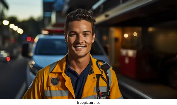 Portrait of a smiling young male paramedic in uniform standing in front of an ambulance